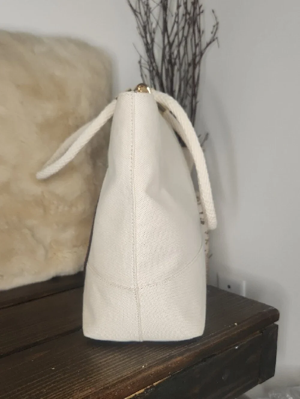 Michael Kors Cream Canvas Tote with Tan Leather Pocket